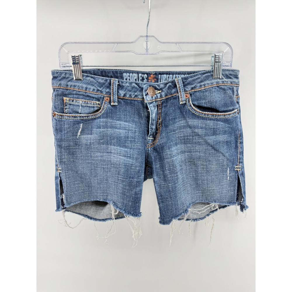 Peoples Liberation Womens Star Pocket Raw Hem Denim Shorts Blue Size 27